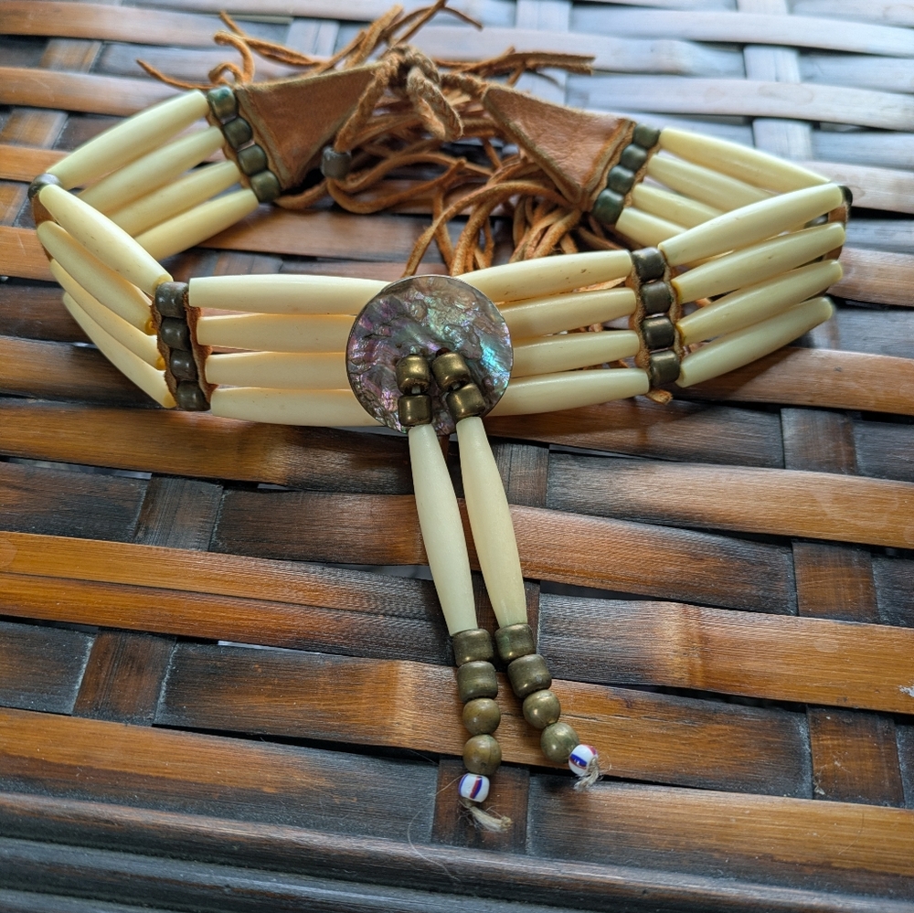 Native Leather/Abolone Ivory Colored Choker- Vintage